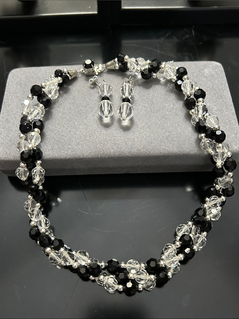 Triple Strand Faceted Clear & Black Crystal Glass Bead Choker Necklace/Earrings